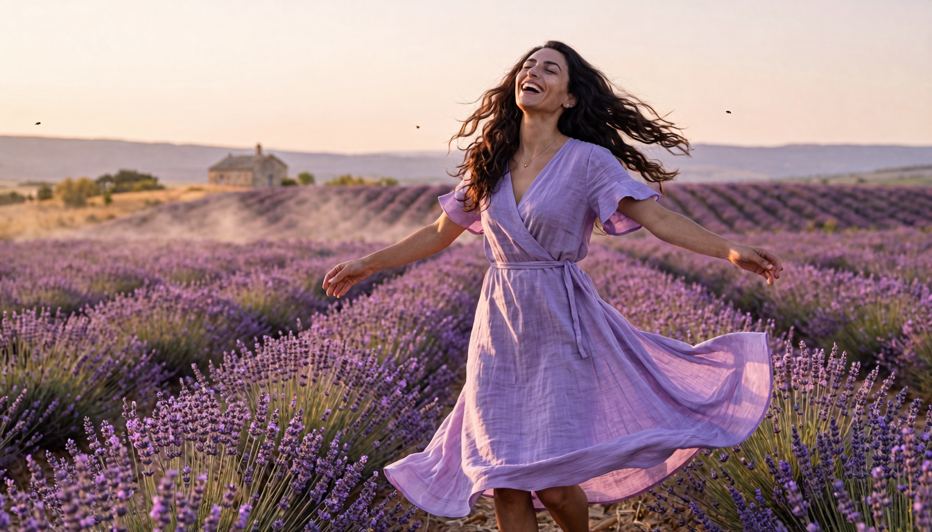 Leyla mid-twirl in a southern France lavender field at golden hour, pale lilac wrap dress billowing in a wide spiral, hair caught mid-motion, head thrown back laughing