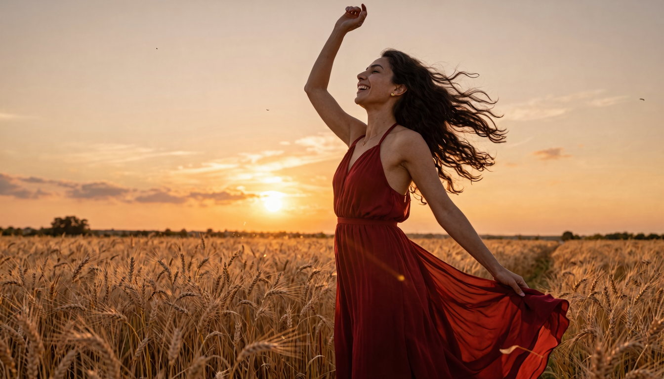 Leyla mid-twirl waist-deep in a ripe wheat field at sunset, crimson red maxi dress backlit by the low sun, one hand lifted overhead, head thrown back in laughter, strong warm backlight rim through hair and fabric