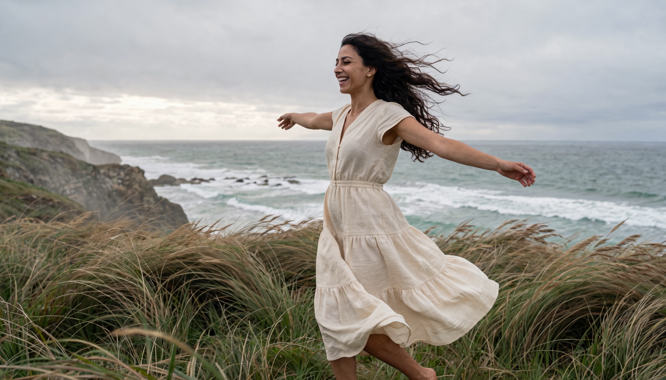 Leyla mid-twirl on a wild grassy cliff top above an overcast ocean, cream tiered linen midi dress flaring sideways from sea wind, hair blown across her face, arms outstretched, head turned mid-laugh, cool desaturated coastal palette