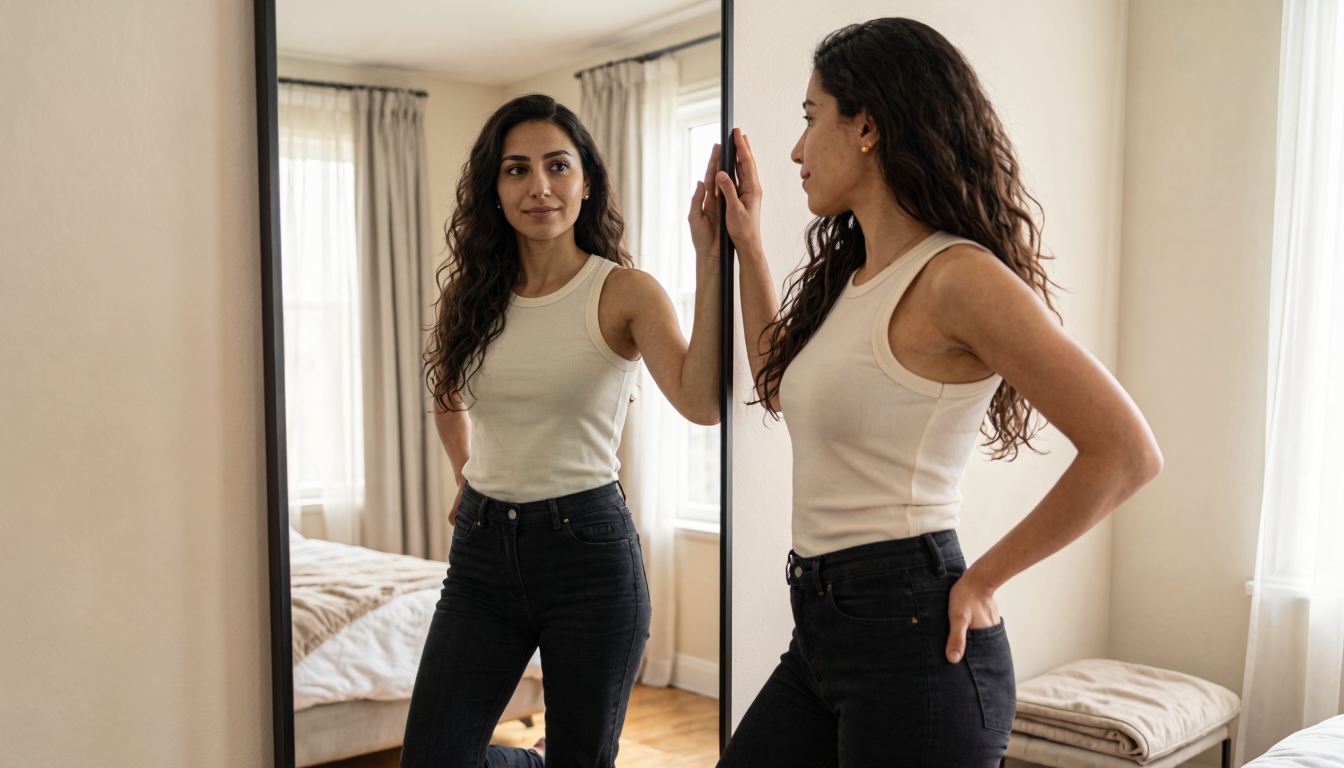 Leyla standing close to a full-length mirror leaning against a bedroom wall, seen from behind, one hand lifted touching the mirror frame, the other resting on her hip; her mirrored reflection facing forward with a calm half-smile looks directly at the viewer, cream ribbed tank top and high-waist black denim jeans visible from both sides, soft daylight from a window in the reflected room