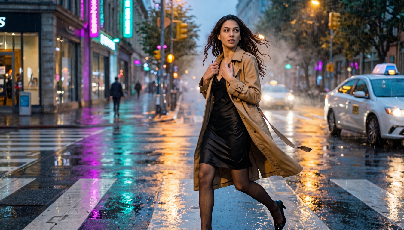 Leyla mid-stride crossing a wet city crosswalk at night, camel trench coat over black silk slip dress, hair lifted backward by motion, head turned to look back over shoulder, wet asphalt mirroring cyan and magenta neon, taxi headlight on the right, rain streaks under the lights