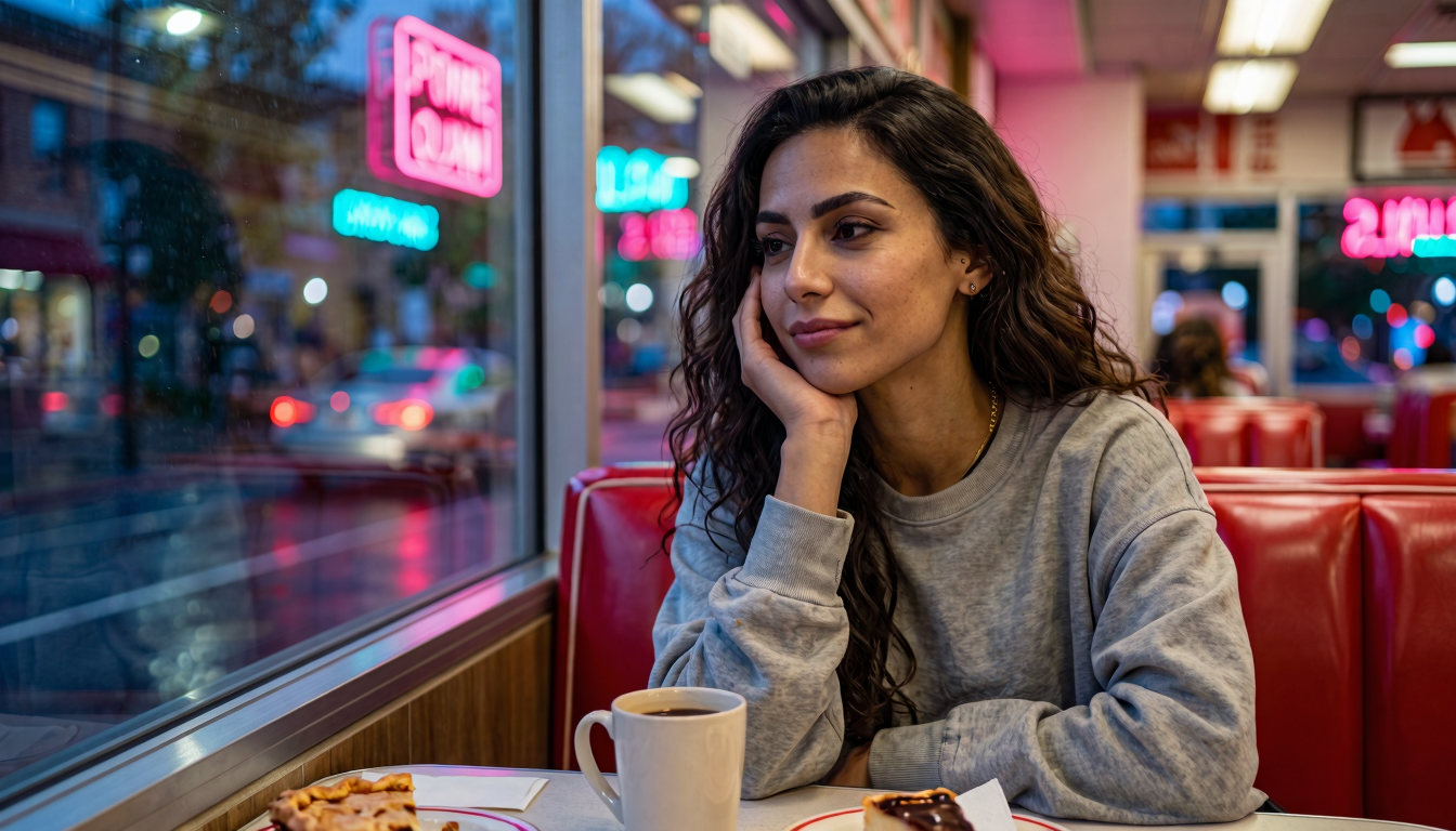Leyla sitting alone in a red vinyl diner booth at night, chin resting in her palm, tired half-smile looking out the window, oversized grey hoodie, warm tungsten interior light on one side of her face, cool magenta/cyan neon spill through the window on the other, ceramic mug and a slice of pie on the formica table
