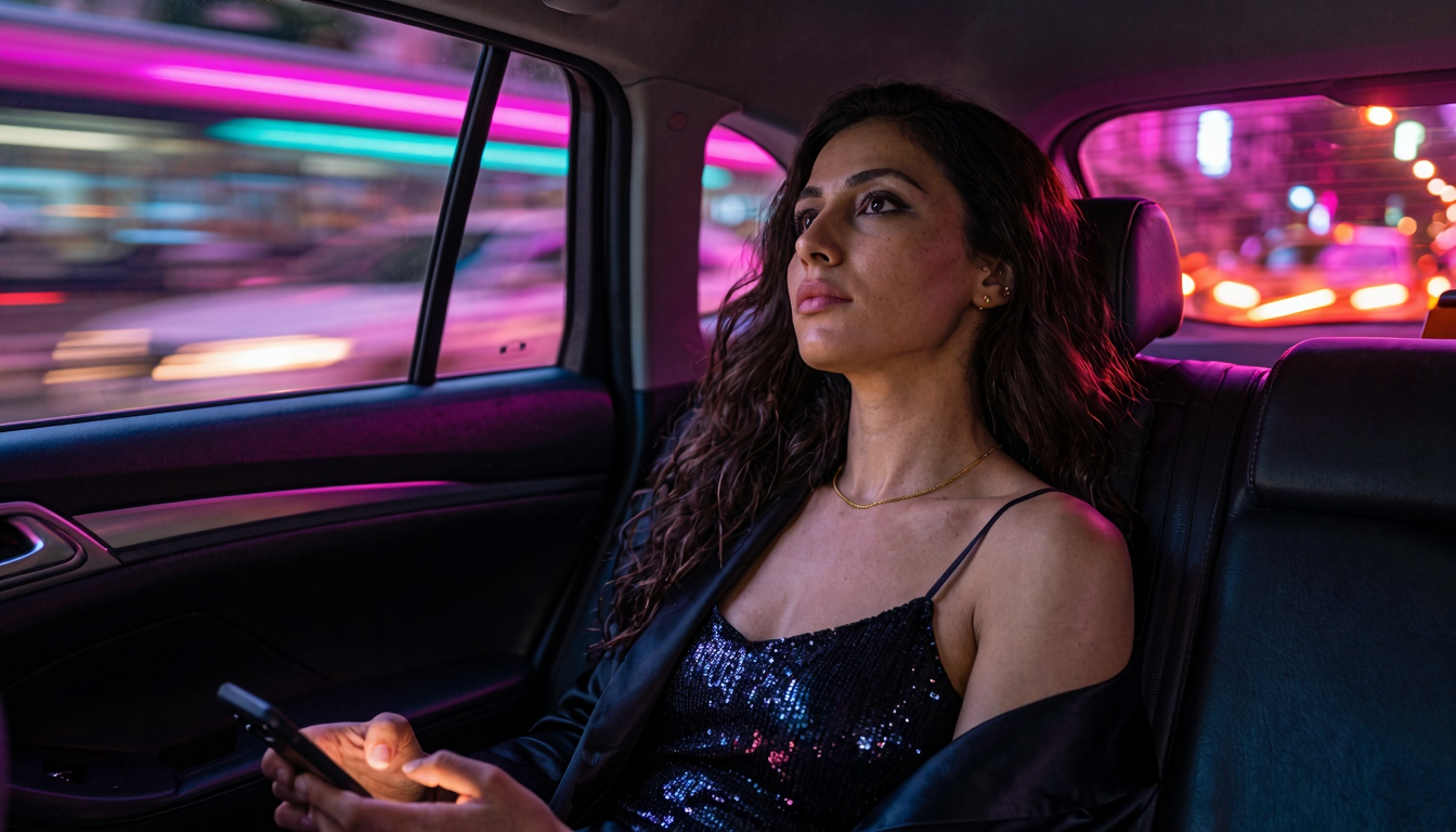 Leyla in the back seat of a moving taxi at night, head leaned against the side window, faraway tired expression, black sequinned camisole and satin blazer slipped off one shoulder, magenta neon sweeping across the upper half of her face, motion-blur streaks of city lights through the rear window