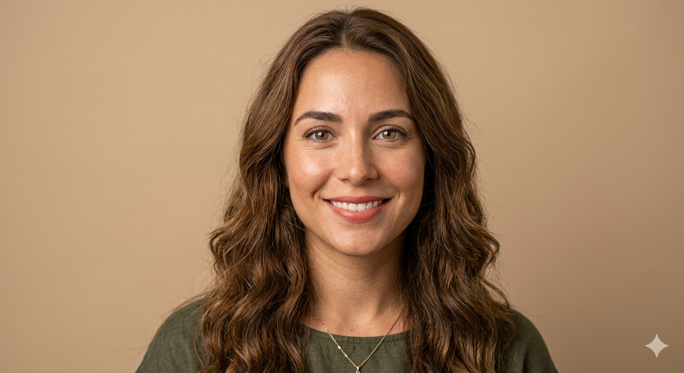 Latina concept, chestnut wavy hair, warm beige