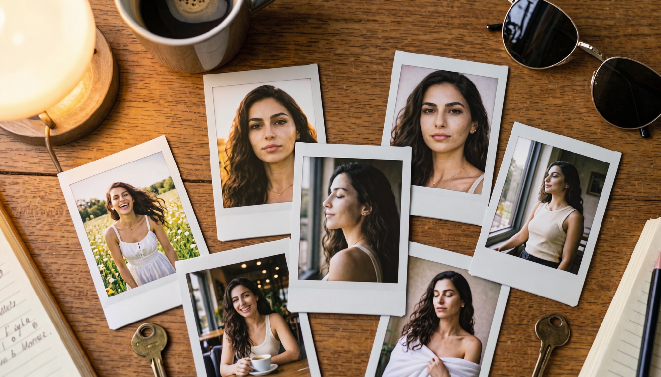 Z-Image-Turbo base-model output (no LoRA yet), polaroid-style composition of Leyla portrait variations scattered on a wooden desk. Acts as the "why bother" shot: the underlying model is this capable out of the box; a character LoRA pins that quality to a single consistent face.